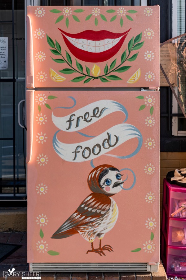 Fridge painted with a pink background and a bird holding a ribbon that says free food for the Denver community fridge project