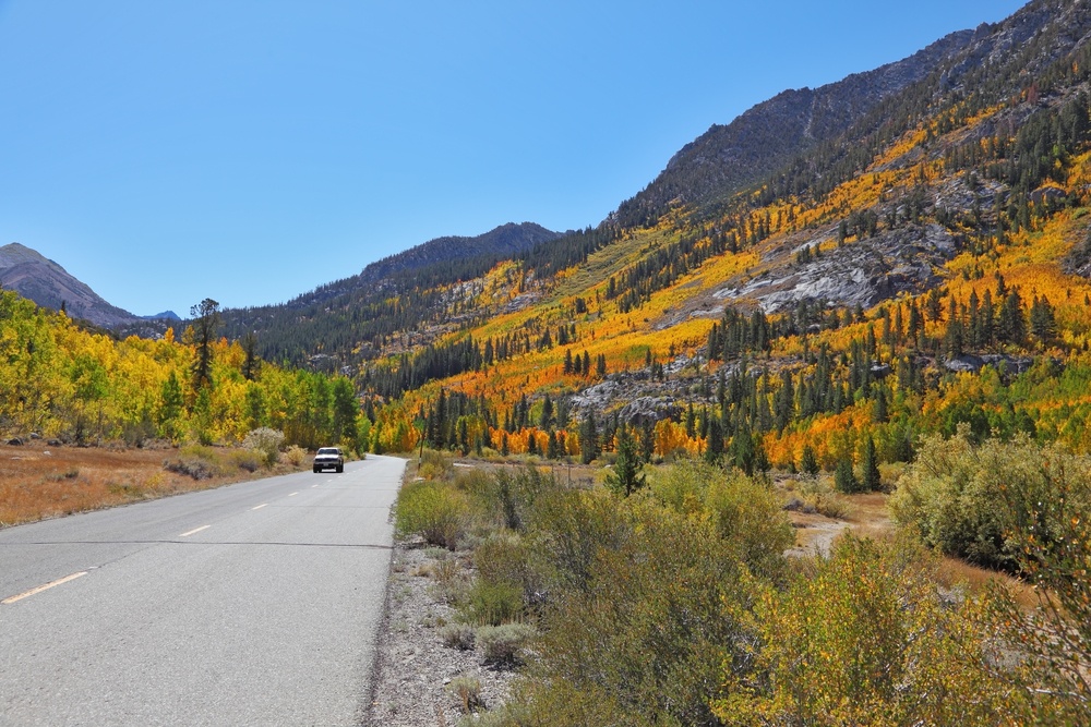 colorado mountain scene with a car traveling on the road